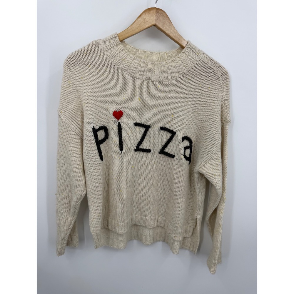 Wildfox Pizza Graphic Knit Sweater Women‎ S Cream Speckled Wool Blend Pullover